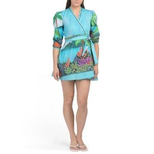 CELINA MOON Tuckernuck Three-quarter Sleeve Wrap Tropical Print Mini Dress NWT S